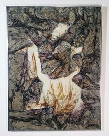 MID-CENTURY ACRYLIC ON PANEL ABSTRACT WITH TEXTURED AND LAYERED ELEMENTS, SIGNED LOWER LEFT