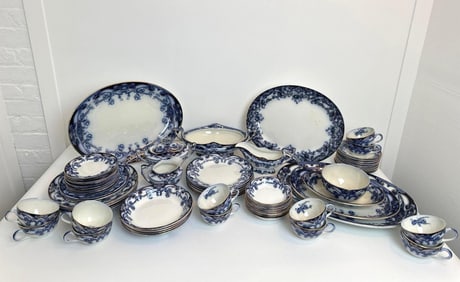 FLOW BLUE ROYAL STAFFORDSHIRE CHINA SET | 107 PCS. "IRIS"  BURSLEM ENGLAND