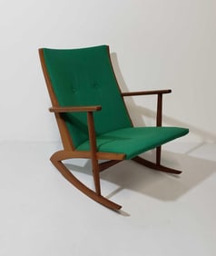 MID-CENTURY GEORG JENSEN SCULPTURED TEAK AND BOUCLE WOOL ROCKING CHAIR FOR KUBUS MOBLER