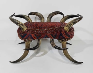 ANTIQUE UPHOLSTERED STEER HORN BENCH