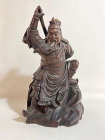 ANTIQUE CARVED ZITAN WOOD STATUE OF GUAN GONG | MARKED 17TH CENTURY
