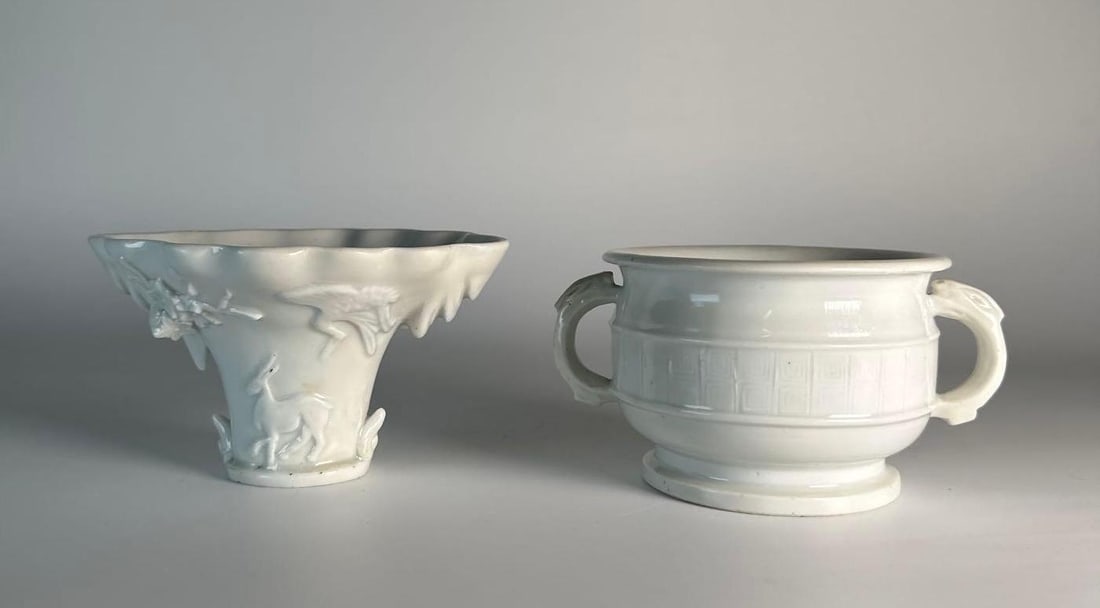 TWO BLANC DE CHINE DEHUA PORCELAIN VESSELS: LIBATION CUP & CENSER (1 of 12)