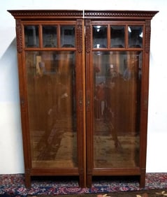 VINTAGE CARVED WOOD GLASS DOOR BOOK CABINET IN TWO PARTS