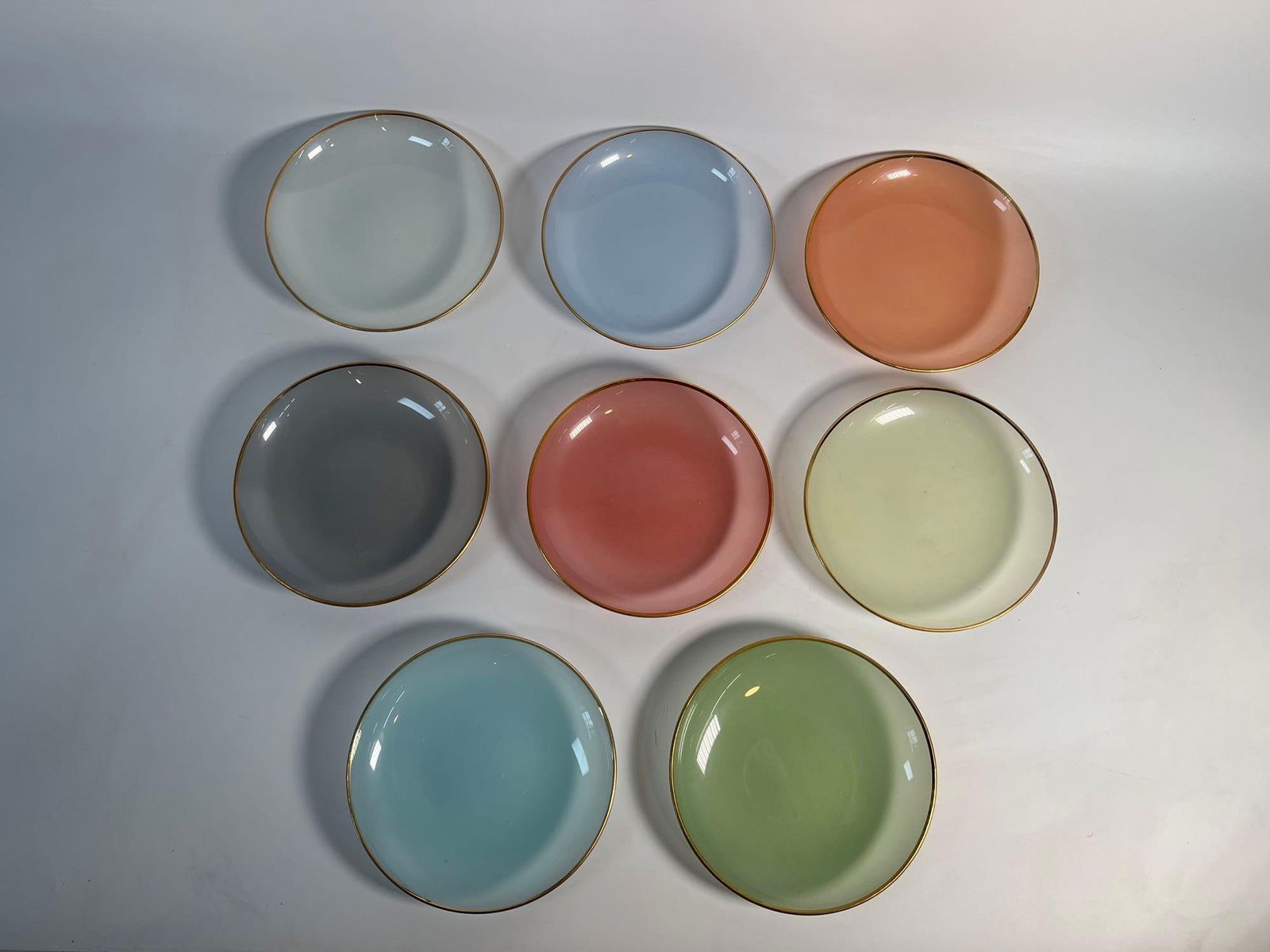 RARE ROYAL HOLMEGAARD SET OF EIGHT VINTAGE "DANISH PASTEL PLATES" OPALESCENT WITH GILT RIM: This enchanting set of 8 opalescent salad or dessert plates, each measuring 6.5" in diameter, adds a touch of vintage elegance and scandinavian mid-century modern elegance to any table setting. Rich a