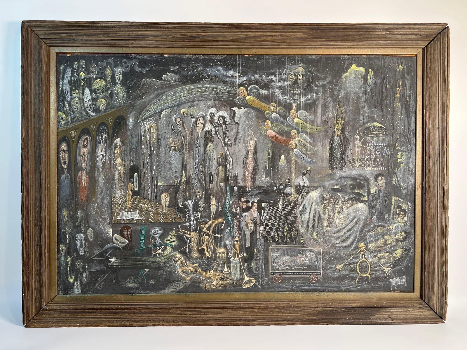 VINTAGE DARK THEMED SURREALIST PAINTING ON BOARD: This intriguing vintage dark themed painting on board, measuring 24" x 34", presents a surreal and enigmatic composition, blending elements of outsider art with a touch of the macabre. The artwork fea