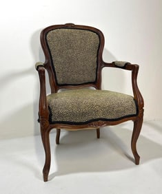 FRENCH PROVINCIAL ARM CHAIR WITH CHEETAH PRINT UPHOLSTERY