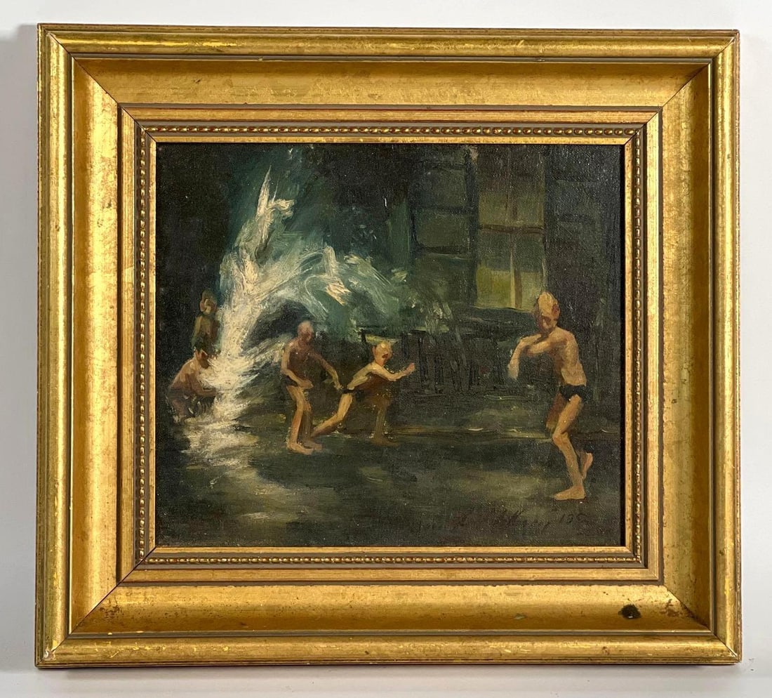 VINTAGE MID-CENTURY OIL ON BOARD | SIGNED URBAN ART SCENE FIRE HYDRANT PLAY (1 of 9)