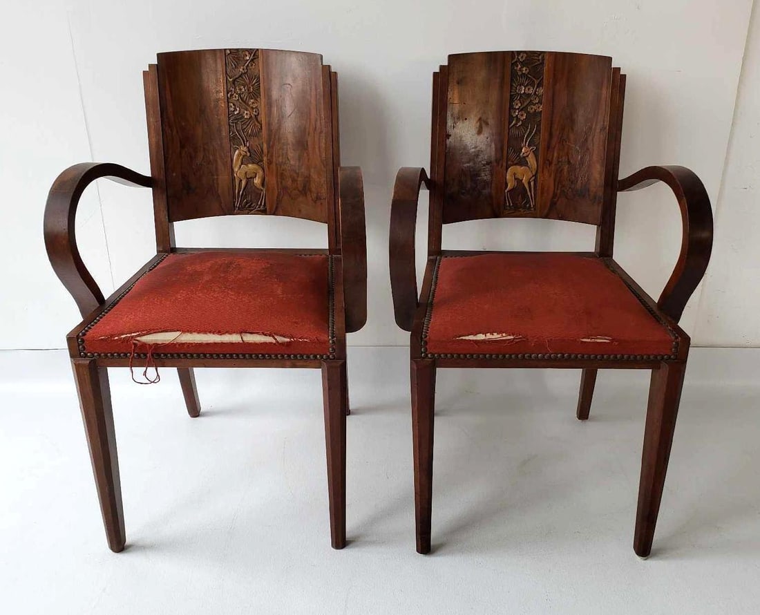 PAIR OF ART DECO CARVED BACK OPEN ARM CHAIRS WITH GAZELLE MOTIF (1 of 12)