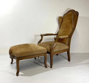 FRENCH PROVINCIAL STYLE WING BACK CHAIR AND OTTOMAN