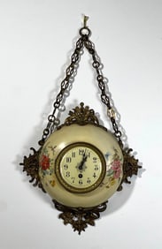 ANTIQUE FRENCH ENAMEL HANGING FLORAL CLOCK