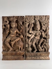 PAIR OF INDONESIAN CARVED WOODEN RELIEF SCULPTURES | HINDU DEITY PANELS