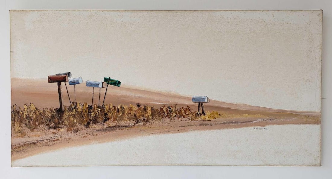 VALUE LOT GOLDMAN SIGNED ACRYLIC ON CANVAS "MAILBOXES": This evocative acrylic on canvas painting, signed "Goldman" and titled "Mailboxes," measuring 16 inches by 32 inches, presents a minimalist yet compelling depiction of a rural or roadside scene. The a