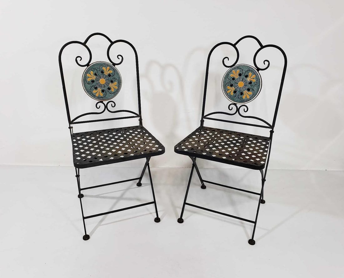VALUE LOT: PAIR OF METAL FOLDING BISTRO CHAIRS WITH MOSAIC DETAIL (1 of 6)