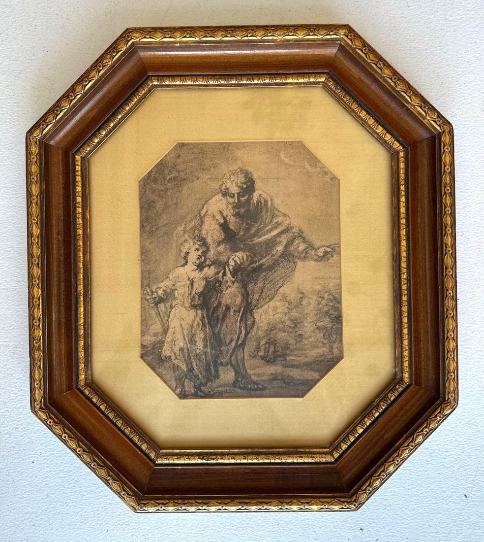 VALUE LOT: BARTOLOME ESTEBAN MURILLO "PROMENADE ST. JOSEPH AND THE INFANT JESUS" PRINT: This framed print of Bartolomé Esteban Murillo's "Promenade St. Joseph and the Infant Jesus" captures the tender intimacy and devotional spirit of the original Baroque masterpiece. The artwork depict