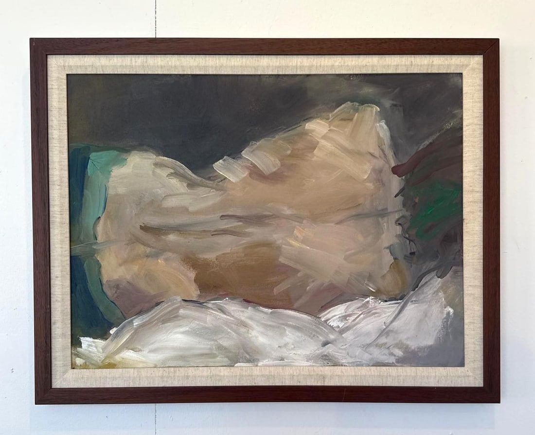 SEMI-NUDE RECLINING FIGURE OIL ON CANVAS: This evocative oil on canvas painting presents a compelling semi-nude reclining figure, rendered in an abstract and expressive style. The artwork explores the human form through gestural brushstrokes