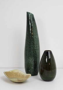 CARL HARRY STALHANE AND UPSALA EXEBY THREE PIECES MID-CENTURY SWEDISH POTTERY: This collection of three pieces of Mid-Century Upsala Ekeby and Carl Harry Stalhane for Rostrand Swedish pottery presents a study in form and glaze, embodying the refined aesthetic of Scandinavian des