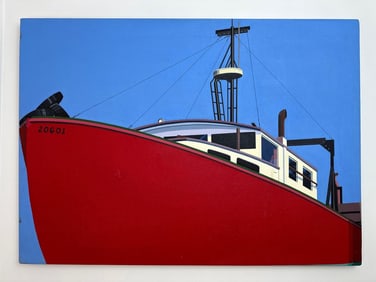 LARGE AMERICAN MODERNISM RED FISHING BOAT PAINTING (1934)