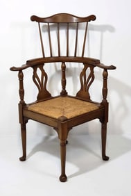 UNUSUALY ORNATE ANTIQUE QUEEN ANNE RUSH SEAT CORNER CHAIR