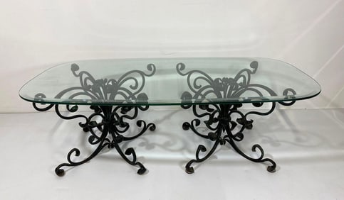 PAIR OF WROUGHT IRON COFFEE TABLE BASES WITH CUSTOM GLASS TOP