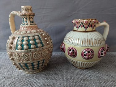 PAIR HUNGARIAN PORCELAIN VESSELS, ONE EWER BY FISHER OF BUDAPEST, ONE ZSOLNAY VASE, GILT DETAILING