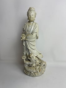 CHINESE BLANC DE CHINE STANDING GUANYIN FIGURE WITH SERPENT