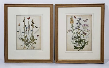 TWO HAND-PAINTED WATERCOLOR ON PAPER OF FLORA AND BUTTERFLIES