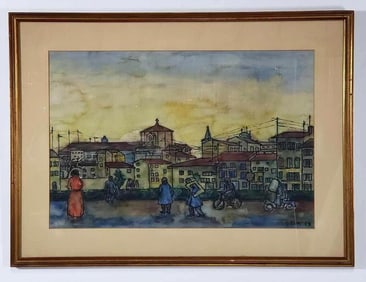 SIGNED MID-CENTURY WATERCOLOR EUROPEAN CITYSCAPE
