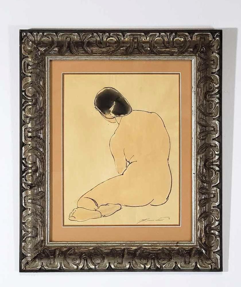 PENCIL SIGNED PEN AND WATERCOLOR NUDE BY JULES RAUSCHERT: This watercolor by Jules Rauschert depicts a seated female nude from behind, rendered in a minimalist style with delicate lines and soft washes of color, reflecting a possible Japanese influence in it