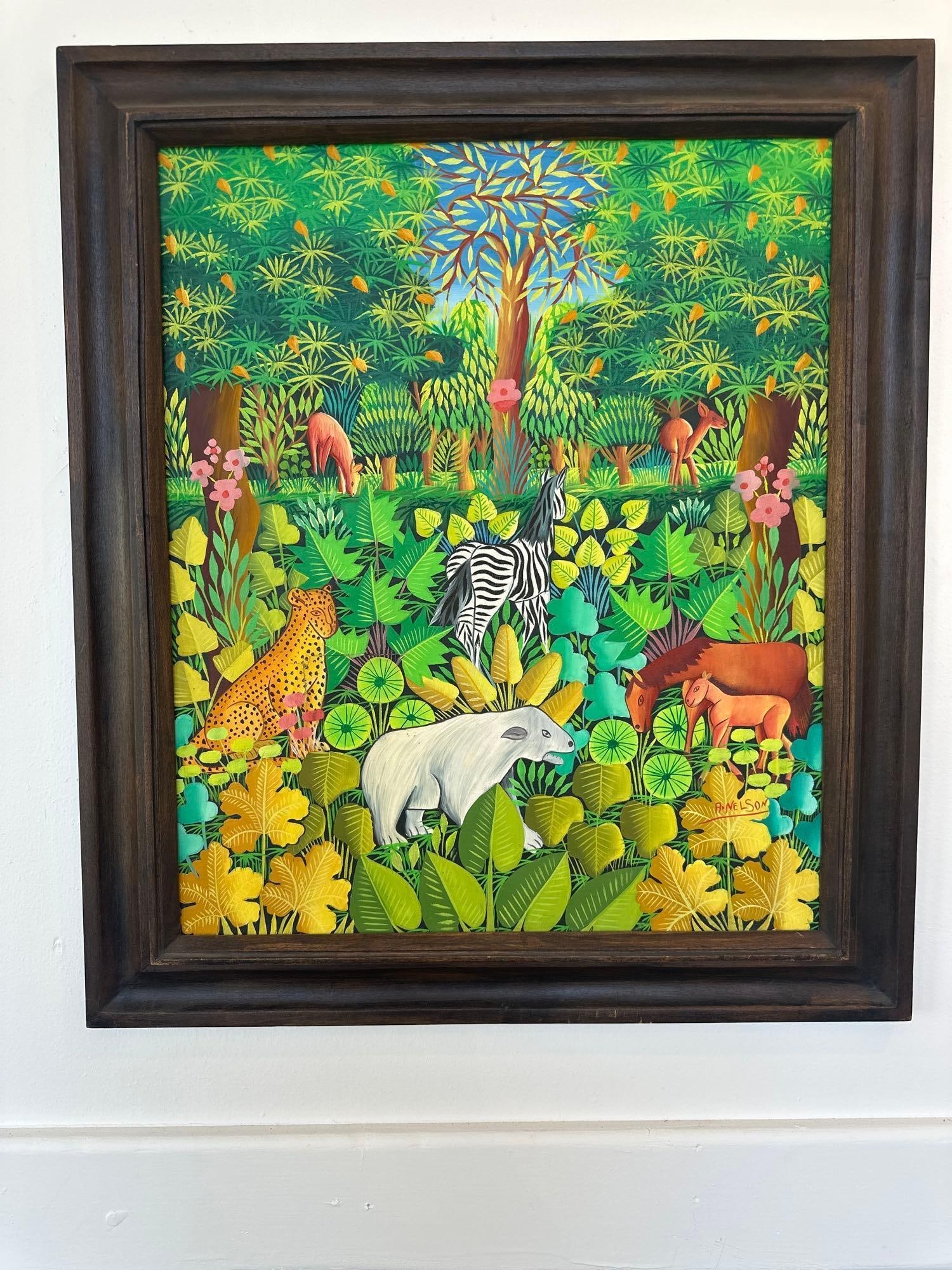 AIN NELSON COLORFUL HATIAN FOLK ART: This captivating Ain Nelson colorful Haitian folk art piece is a celebration of vibrant color and whimsical imagery, characteristic of Haitian art. The painting depicts a lush jungle scene, teeming wi