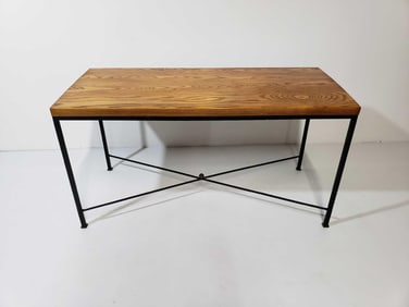 WROUGHT IRON STRETCHER BASE TABLE WITH WOOD SLAB TOP