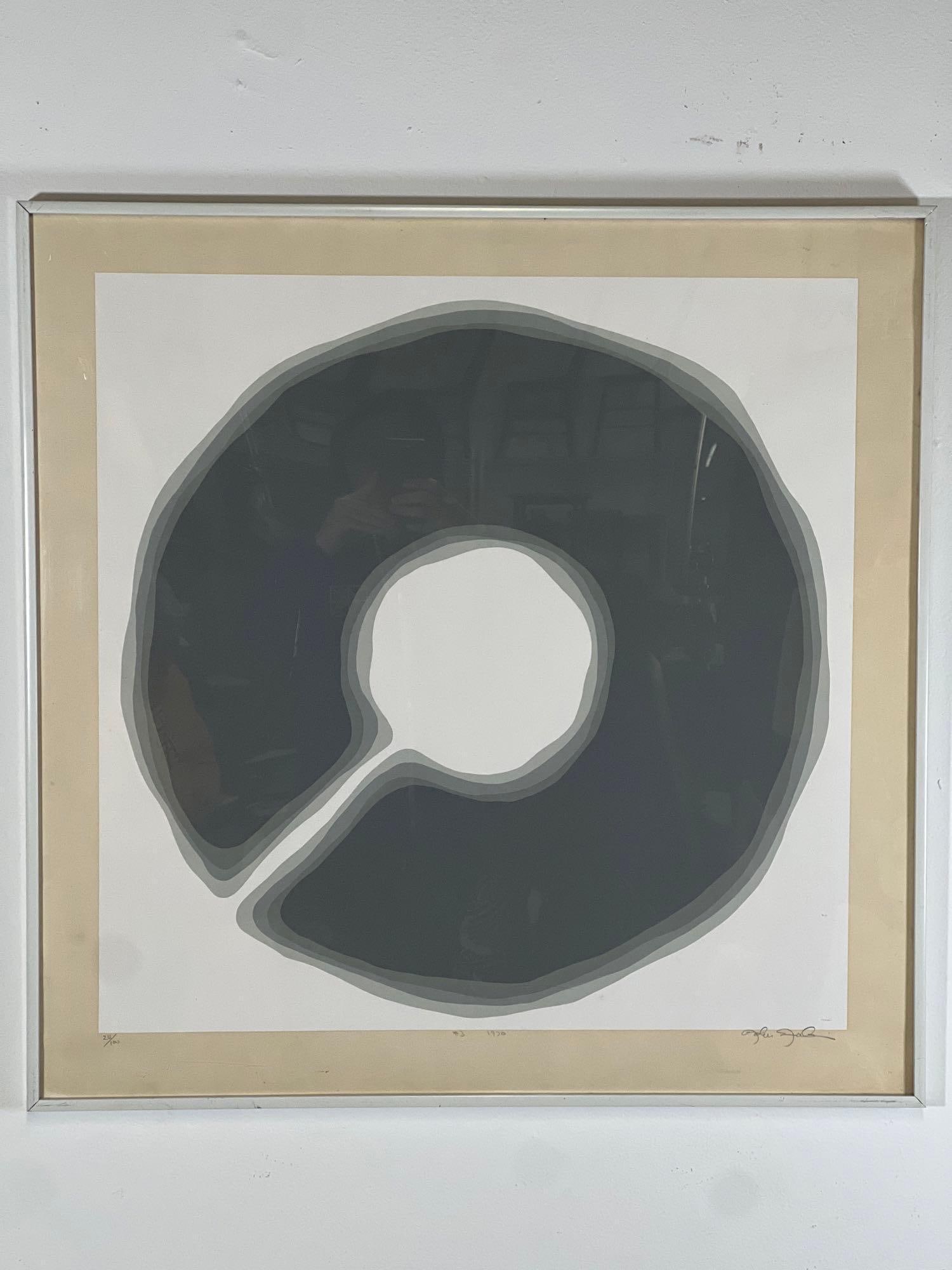 NOBU FUKUI #3 SCREENPRINT PENCIL SIGNED AND NUMBERED: This #3 screen print by Nobu Fukui, created in 1970, presents a compelling exploration of form and shadow within a minimalist aesthetic. The artwork's central motif, a dark, circular shape with a