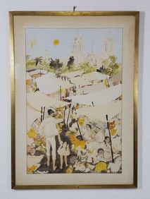 LUIGI CAGLIIANI STYLE "MARKET SCENE" WATERCOLOR, GRAPHITE, GOUACHE