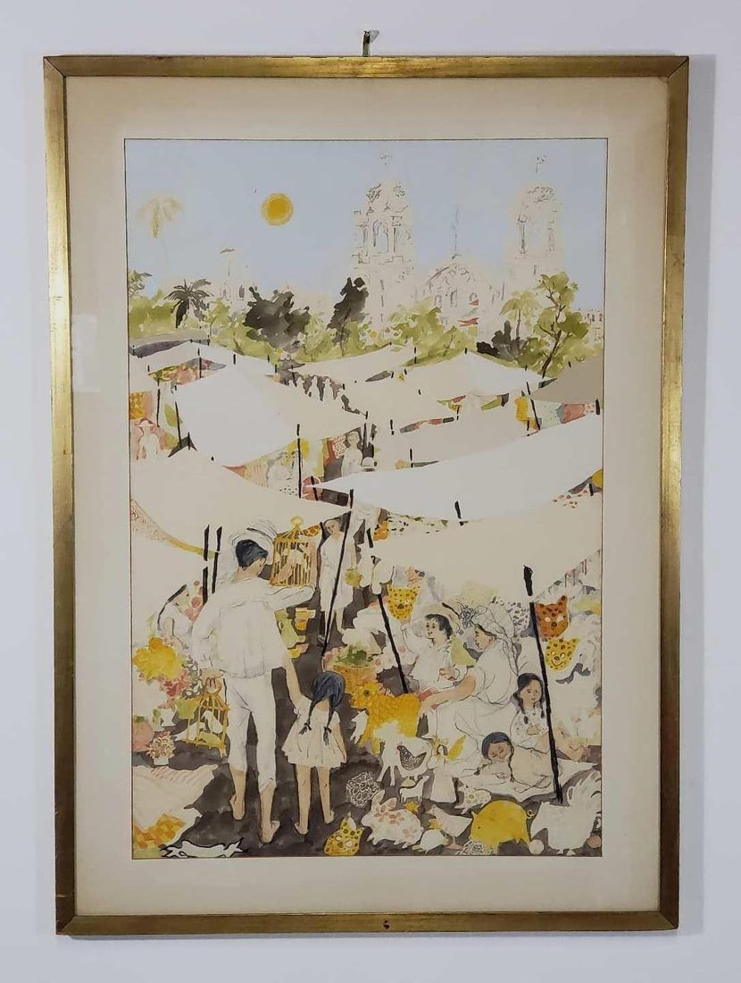 LUIGI CAGLIIANI STYLE "MARKET SCENE" WATERCOLOR, GRAPHITE, GOUACHE (1 of 6)