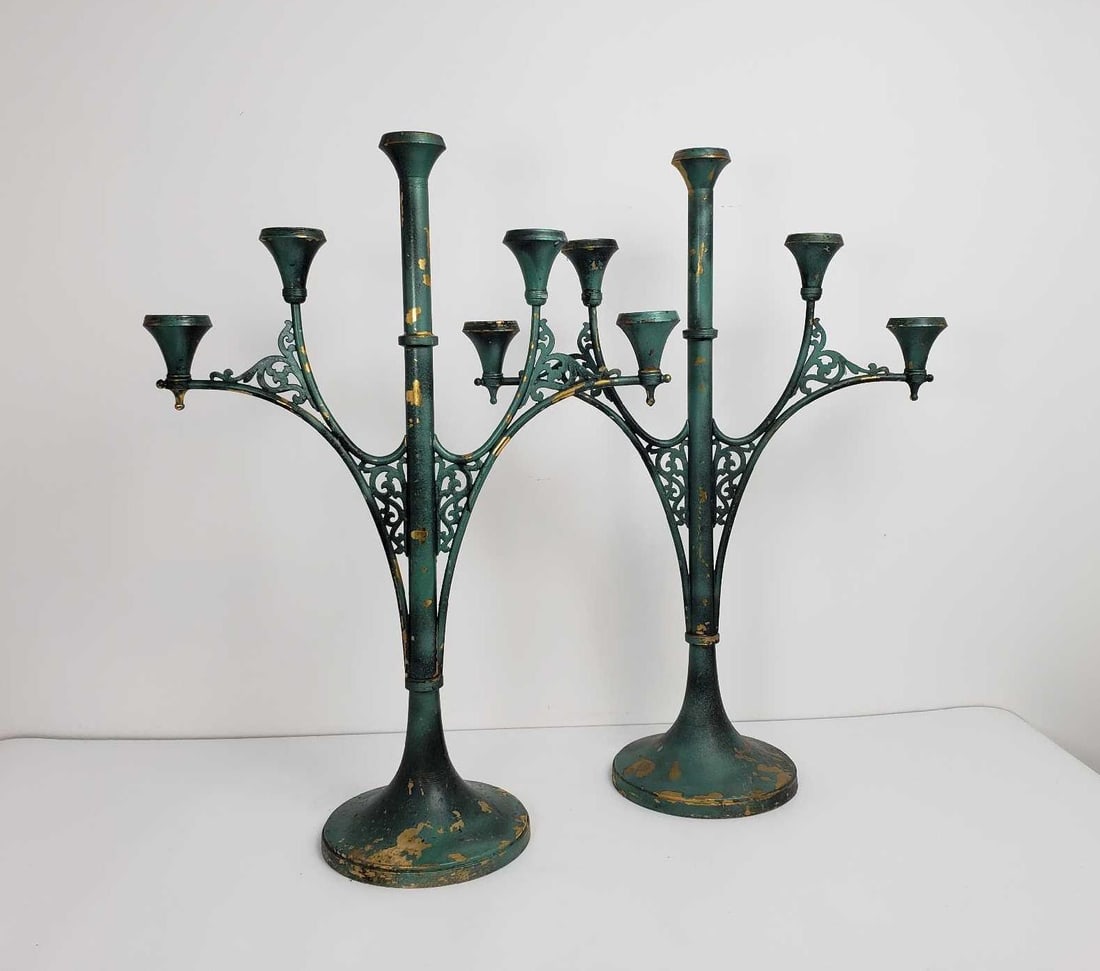 METAL GREEN AND GOLD PAINTED  CANDELABRA (1 of 10)
