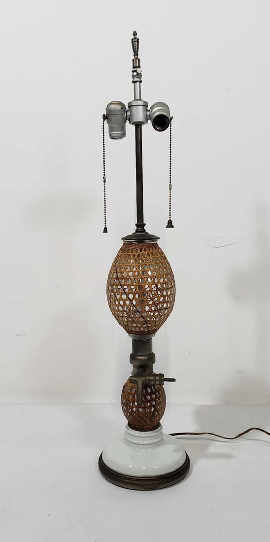 ANTIQUE FRENCH WICKER AND GLASS CANNAGE SELTZER BOTTLE LAMP (1 of 5)
