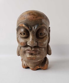 ANTIQUE EXTRA LARGE CARVED WOOD HEAD OF A LUOHAN, BUDDHIST MONK SCULPTURE