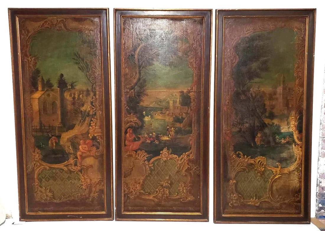 LARGE ITALIANATE OIL ON CANVAS MOUNTED ON MASONITE TRIPTYCH PANELS -  WITH LANDSCAPE SCENES (1 of 20)