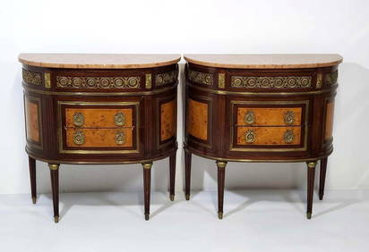 PAIR OF LOUIS XVI STYLE INLAID BRONZE MOUNTED MARBLE TOP COMMODES (1 of 16)