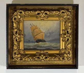 SHIP PAINTING IN GILT FRAME AND SHADOW BOX SIGNED W. WEST