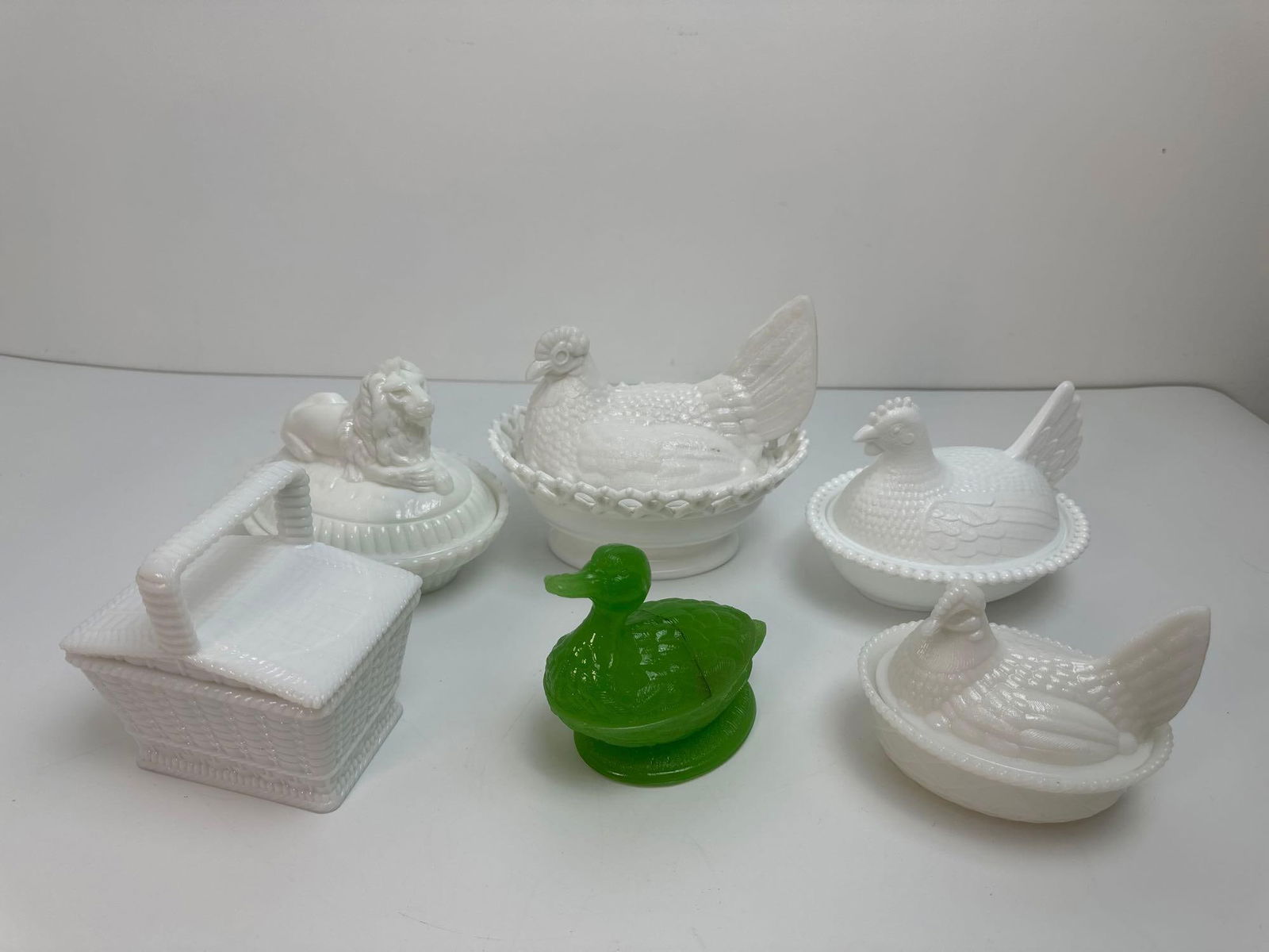 COLLECTION OF FIGURAL MILK GLASS CANDY DISHES (1 of 20)