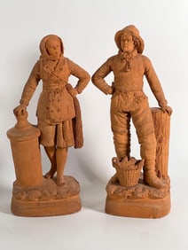 SIGNED EUGENE BLOT (French, 1830-1899) TERRACOTTA SCULPTURE COUPLE FISHERMAN