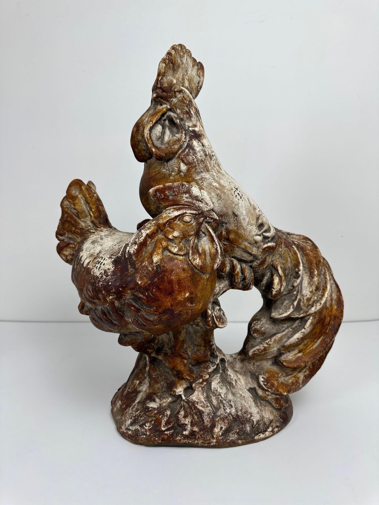 FRENCH CHALKWARE ROOSTER & HEN SCULPTURE (1 of 12)