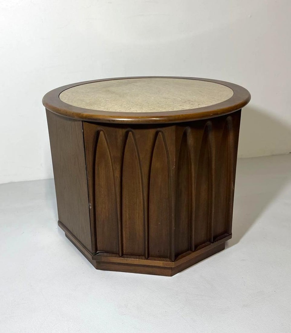 BRAZILIA STYLE WALNUT CIRCULAR SIDE TABLE WITH TRAVERTINE TOP (1 of 7)