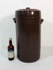 LARGE ANTIQUE BROWN GLAZED BUTTER CHURN CROCK | UNIQUE SIZE