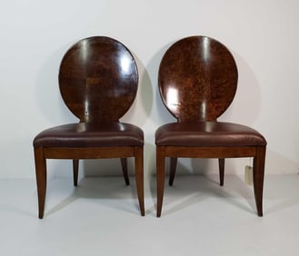PAIR OF FINELY CRAFTED ART DECO STYLE BURL WOOD VENEER OVAL BACK LEATHER UPHOLSTERED SIDE CHAIRS
