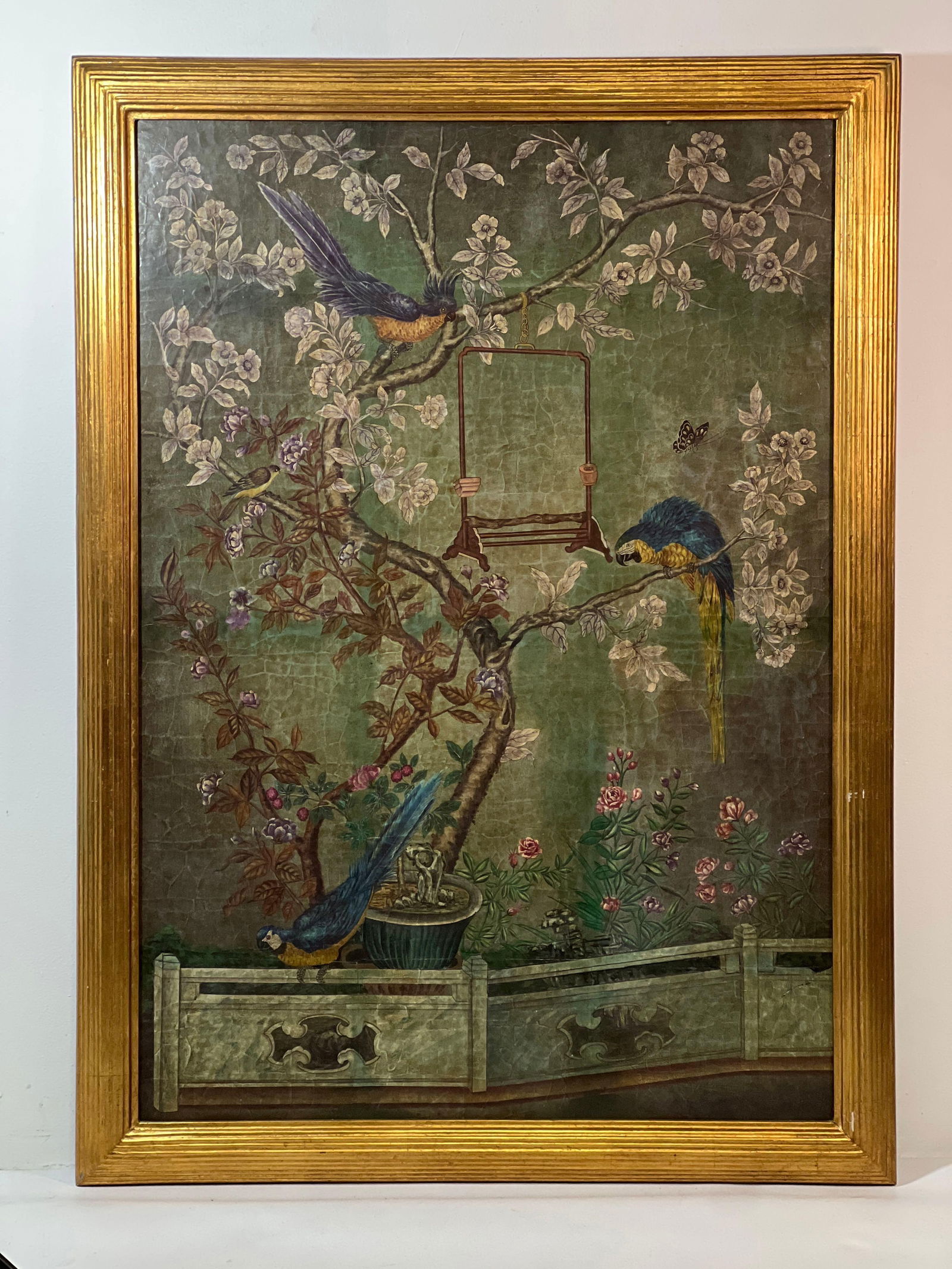 CHINOISERIE BIRD AND FLOWER DECORATIVE PANEL PRESENTED IN GILT FRAME 53 X 38 (1 of 9)