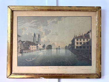 FRAMED AQUA-TINT ENGRAVING " VUE PRISE DE L'HOTEL DE L'EPEE A ZURICH BRAEM DEL. SPERLI