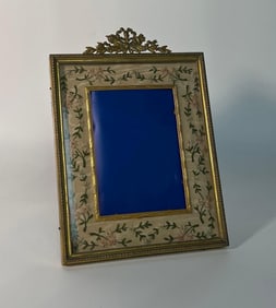 ANTIQUE NEOCLASSICAL FRENCH GILT BRONZE AND GROSGRAIN FLORAL EMBROIDERED BRASS PICTURE FRAME