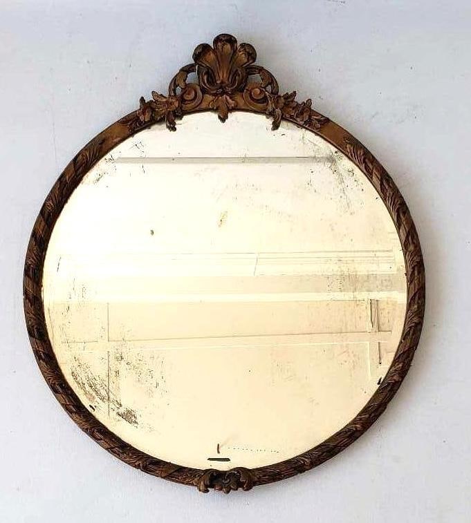 CIRCULAR GILT FRAMED BEVELED MIRROR WITH FLOWER AND LEAF MOTIF (1 of 11)