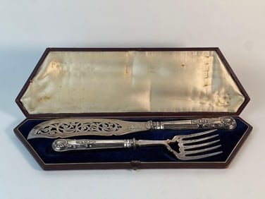 ANTIQUE 1850'S ENGLISH STERLING-SILVER FISH SERVING SET | KINGS PATTERN